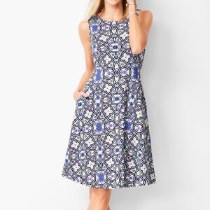 Talbots Edie Knit Fit & Flare Blue Medallion Print Cotton Dress‎